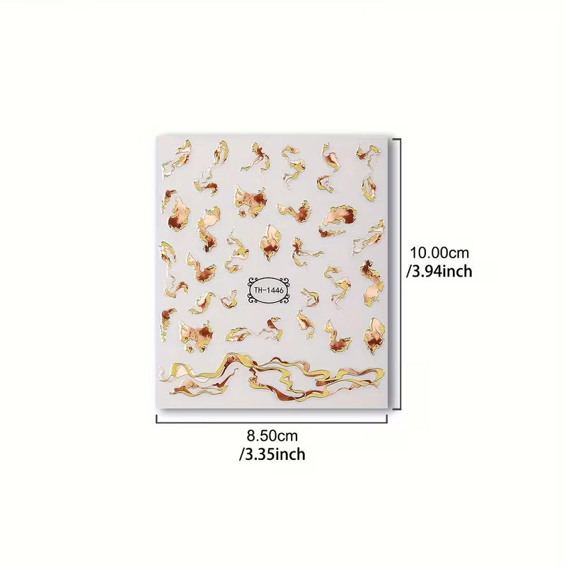 4pcs Self-Adhesive Shiny 3D Golden Wave & Marble Nail Stickers.