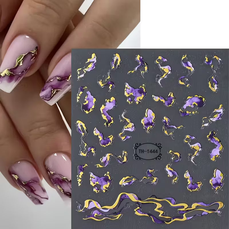 4pcs Self-Adhesive Shiny 3D Golden Wave & Marble Nail Stickers.