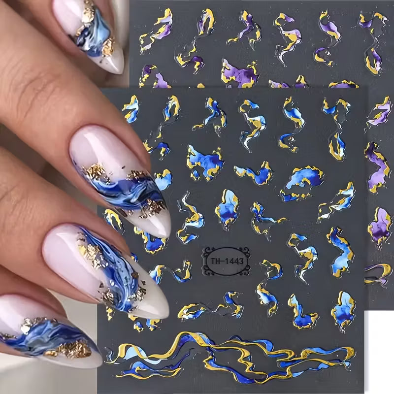 4pcs Self-Adhesive Shiny 3D Golden Wave & Marble Nail Stickers.