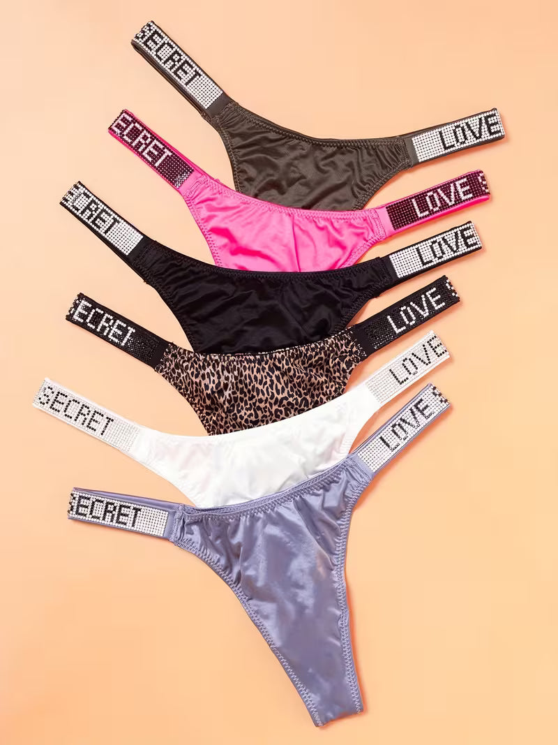 6-Pack Women’s Rhinestone Letter Thongs