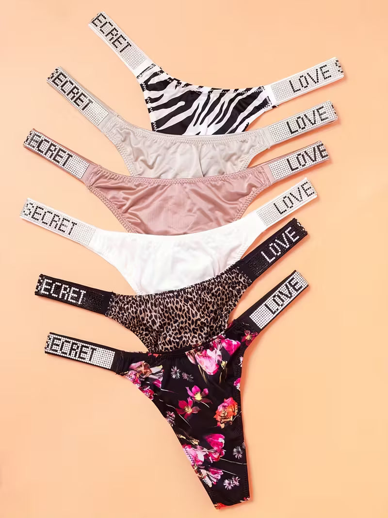 6-Pack Women’s Rhinestone Letter Thongs