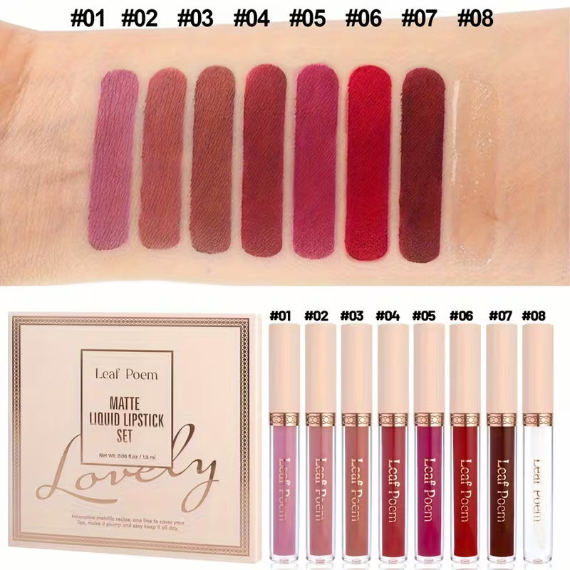 8pcs Waterproof Matte Liquid Lipstick Set.