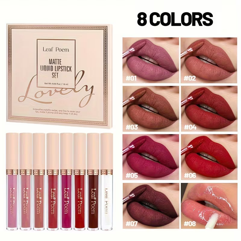 8pcs Waterproof Matte Liquid Lipstick Set.