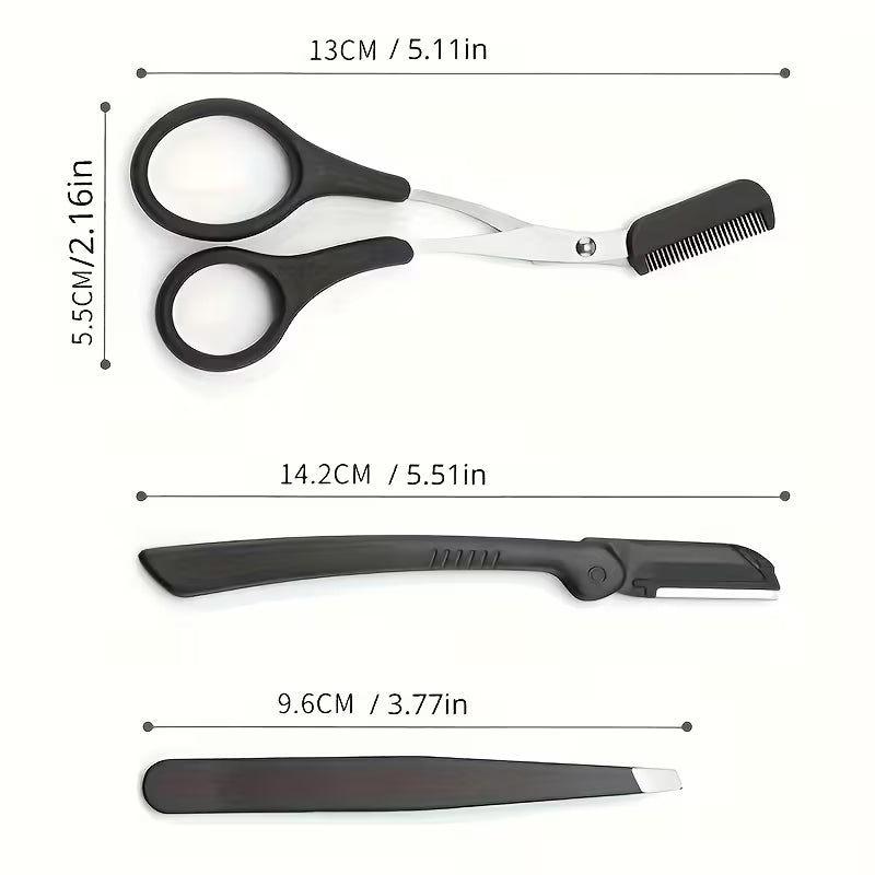 Ambidextrous Steel Eyebrow Scissors, Tweezers & Dermaplaning Razor.