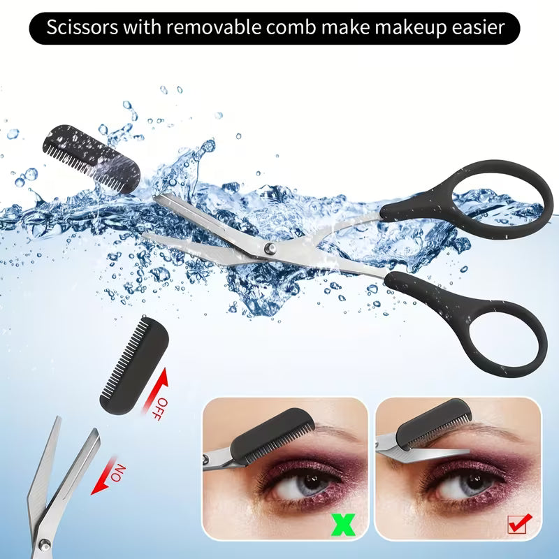 Ambidextrous Steel Eyebrow Scissors, Tweezers & Dermaplaning Razor.