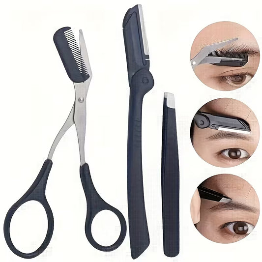 Ambidextrous Steel Eyebrow Scissors, Tweezers & Dermaplaning Razor.