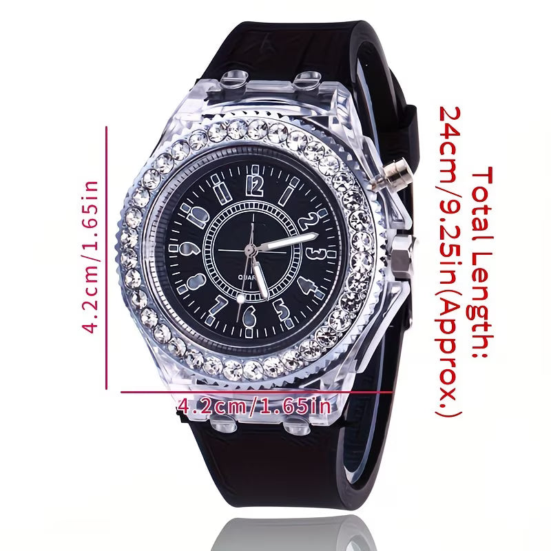 Bright LED Rhinestone Jelly Trendy Unisex Silicone Watch.
