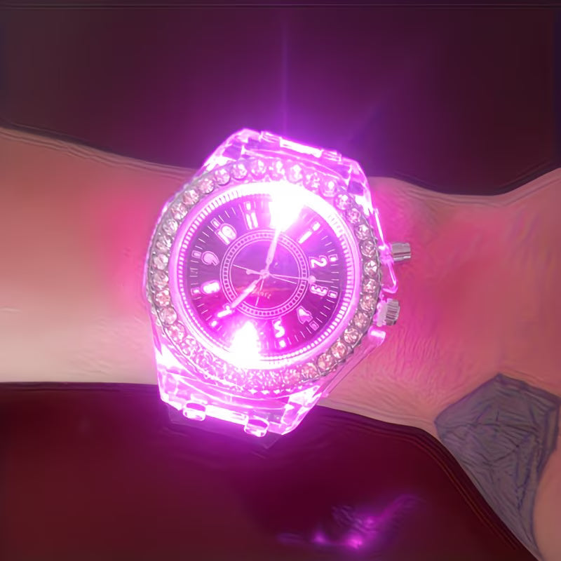 Bright LED Rhinestone Jelly Trendy Unisex Silicone Watch.