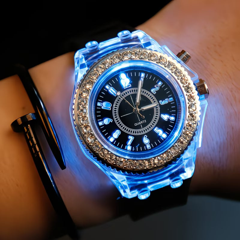 Bright LED Rhinestone Jelly Trendy Unisex Silicone Watch.