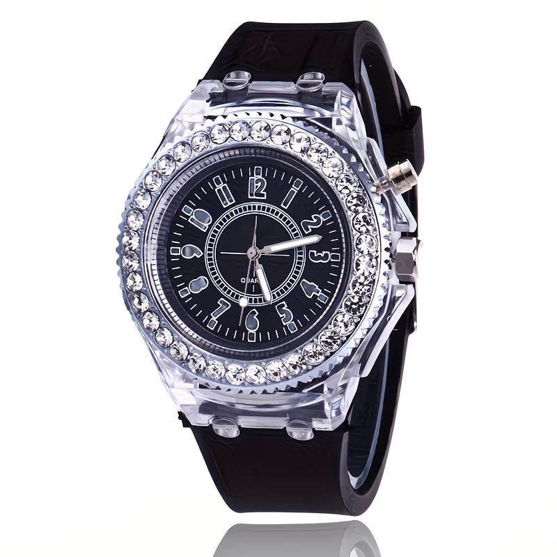 Bright LED Rhinestone Jelly Trendy Unisex Silicone Watch.
