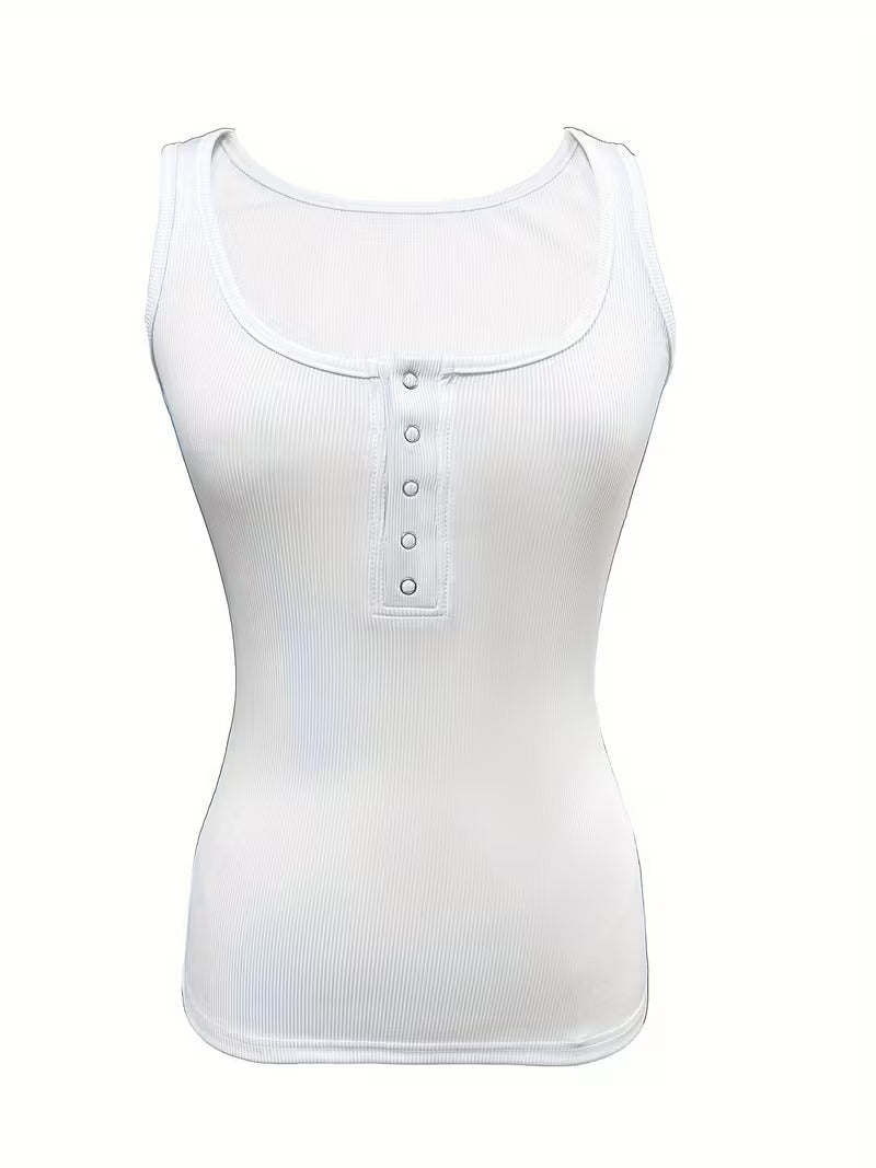 Button-Front Crew Neck Tank Tops