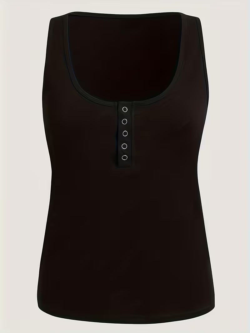 Button-Front Crew Neck Tank Tops