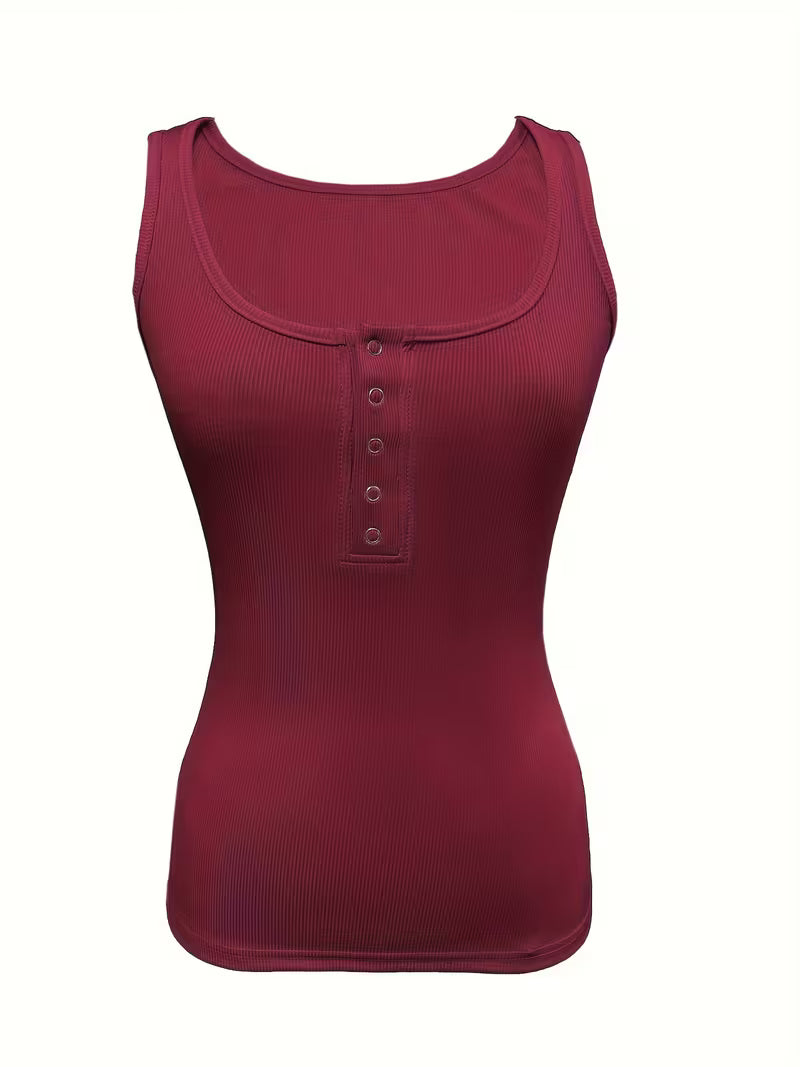 Button-Front Crew Neck Tank Tops