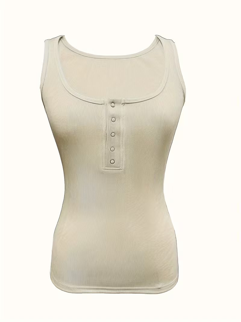Button-Front Crew Neck Tank Tops