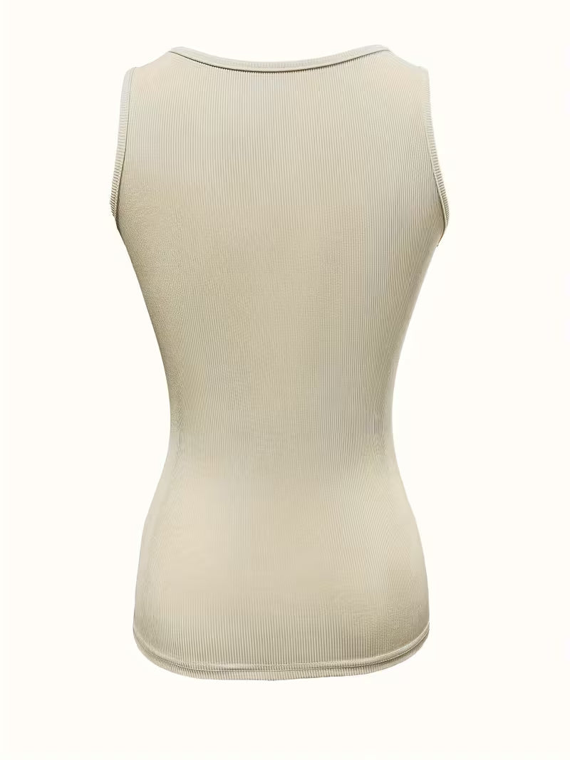 Button-Front Crew Neck Tank Tops