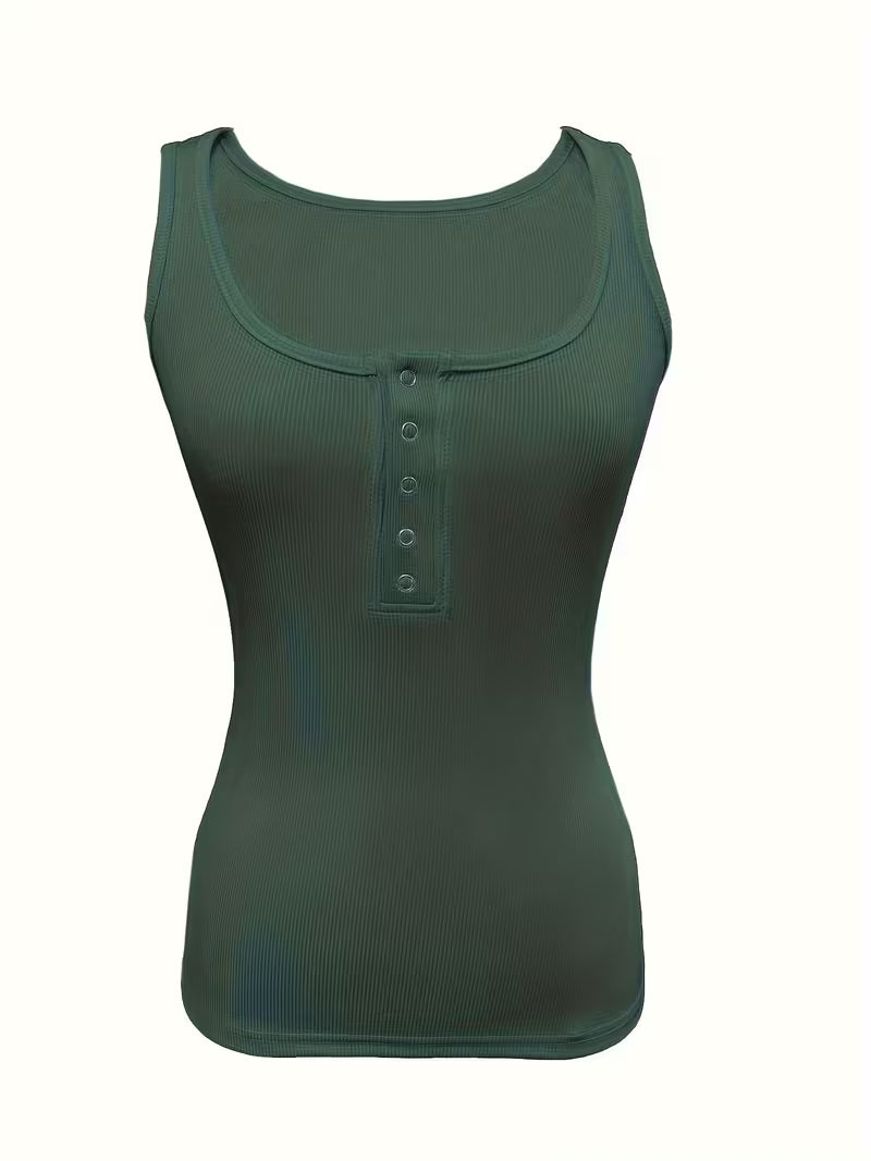 Button-Front Crew Neck Tank Tops