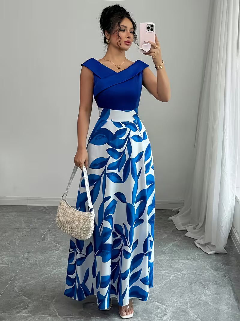 Casual Printed Patchwork V-Neck Long Dress.