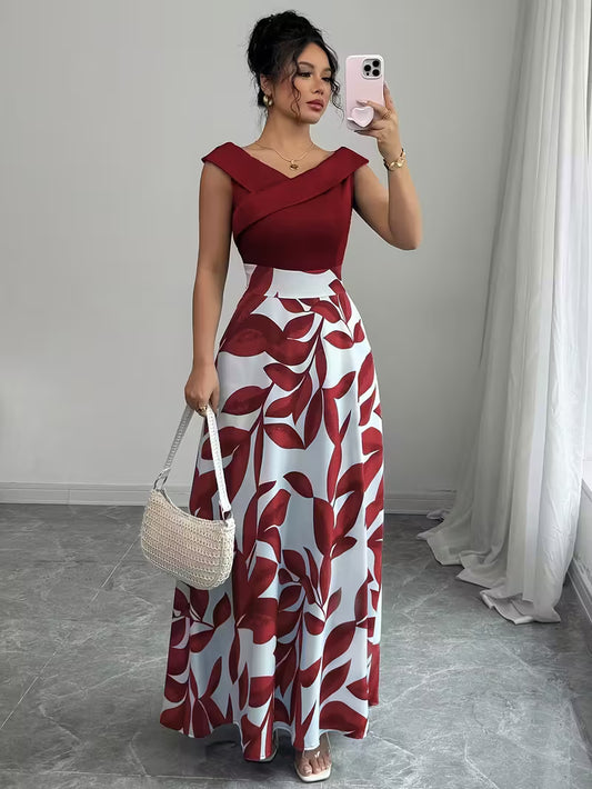 Casual Printed Patchwork V-Neck Long Dress.