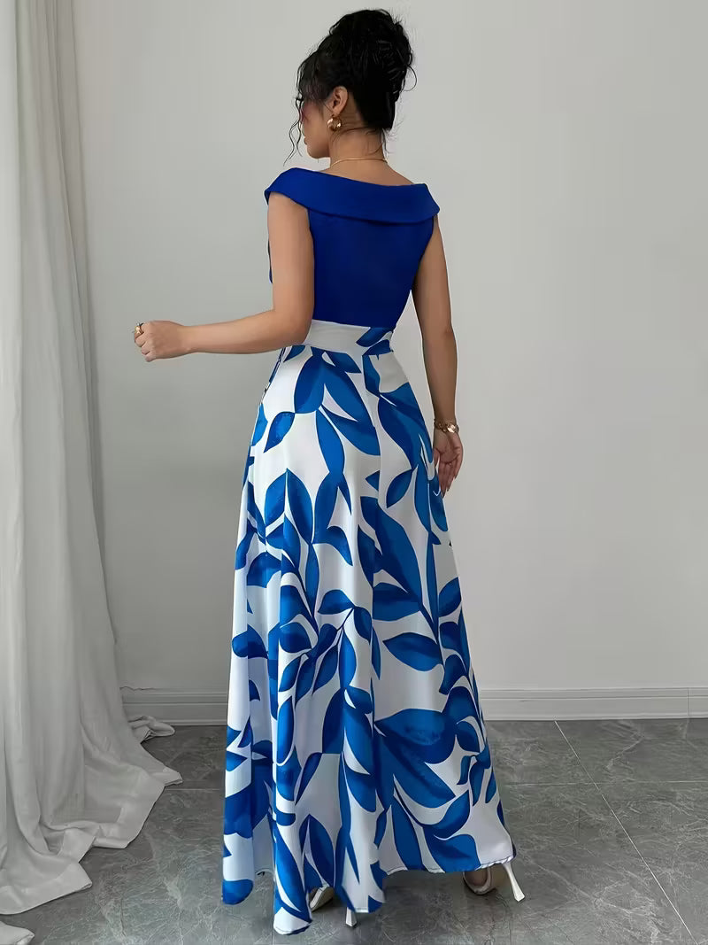 Casual Printed Patchwork V-Neck Long Dress.