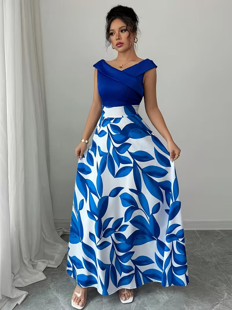 Casual Printed Patchwork V-Neck Long Dress.