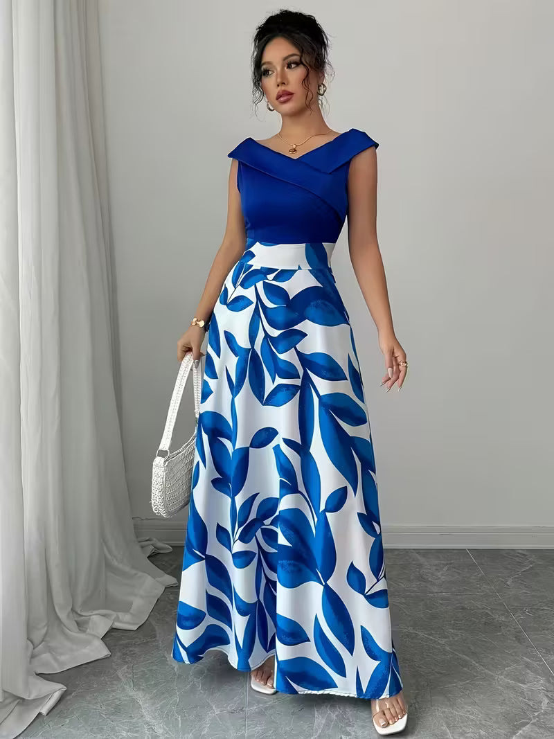 Casual Printed Patchwork V-Neck Long Dress.