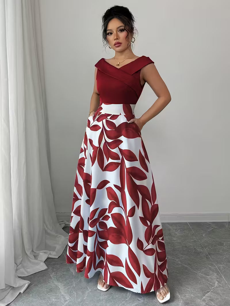 Casual Printed Patchwork V-Neck Long Dress.
