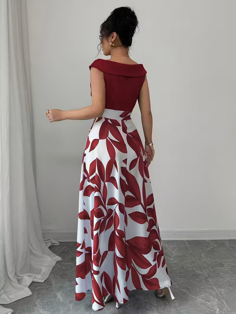 Casual Printed Patchwork V-Neck Long Dress.