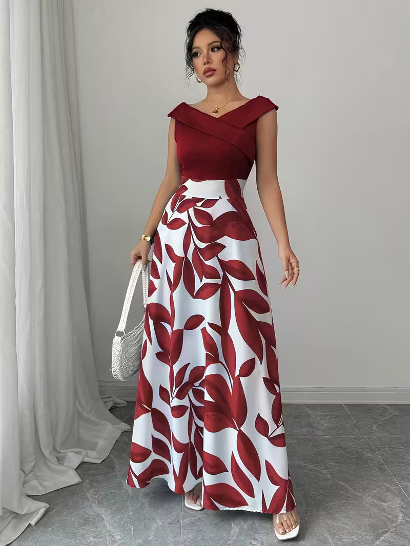 Casual Printed Patchwork V-Neck Long Dress.