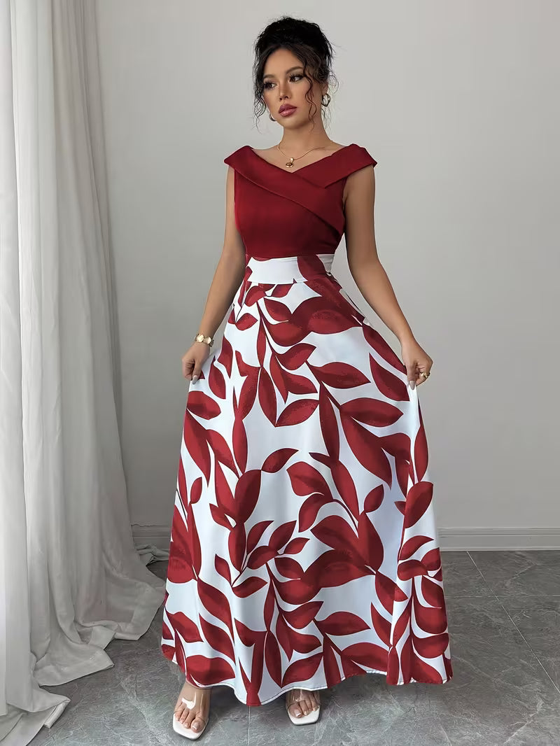 Casual Printed Patchwork V-Neck Long Dress.