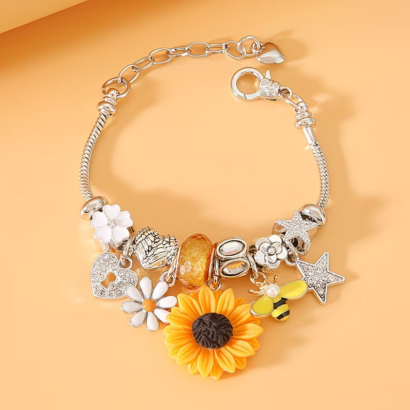 Chic Stainless Steel Charm Sunflowers, Bees & Stars Bracelet.