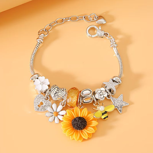 Chic Stainless Steel Charm Sunflowers, Bees & Stars Bracelet.