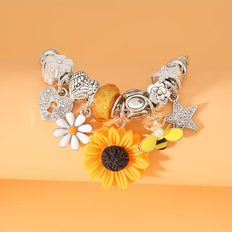 Chic Stainless Steel Charm Sunflowers, Bees & Stars Bracelet.