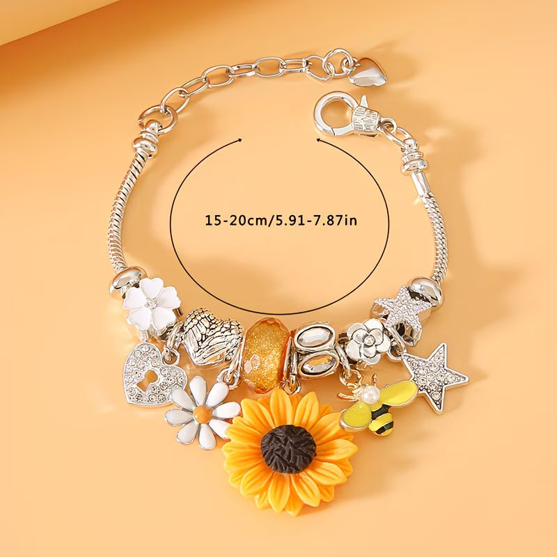 Chic Stainless Steel Charm Sunflowers, Bees & Stars Bracelet.