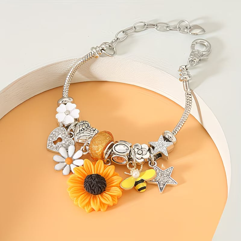 Chic Stainless Steel Charm Sunflowers, Bees & Stars Bracelet.