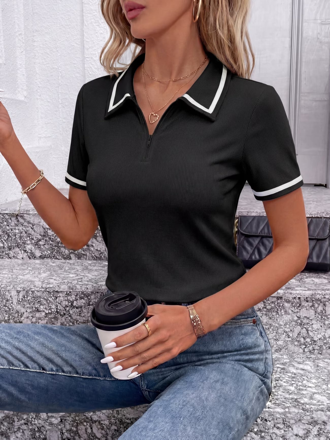 College British Style Elegant Lapel Short-Sleeve T-Shirt.