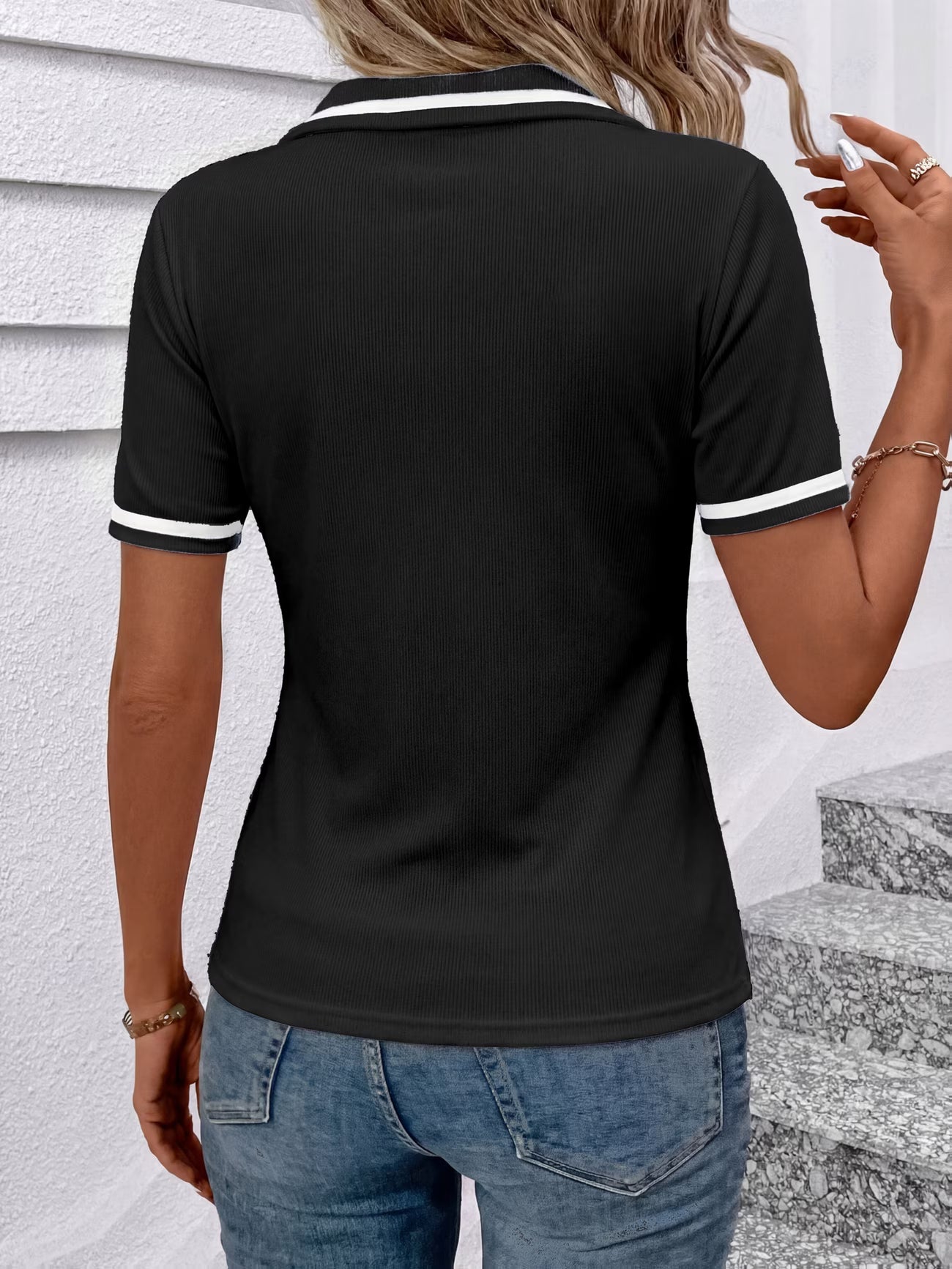 College British Style Elegant Lapel Short-Sleeve T-Shirt.