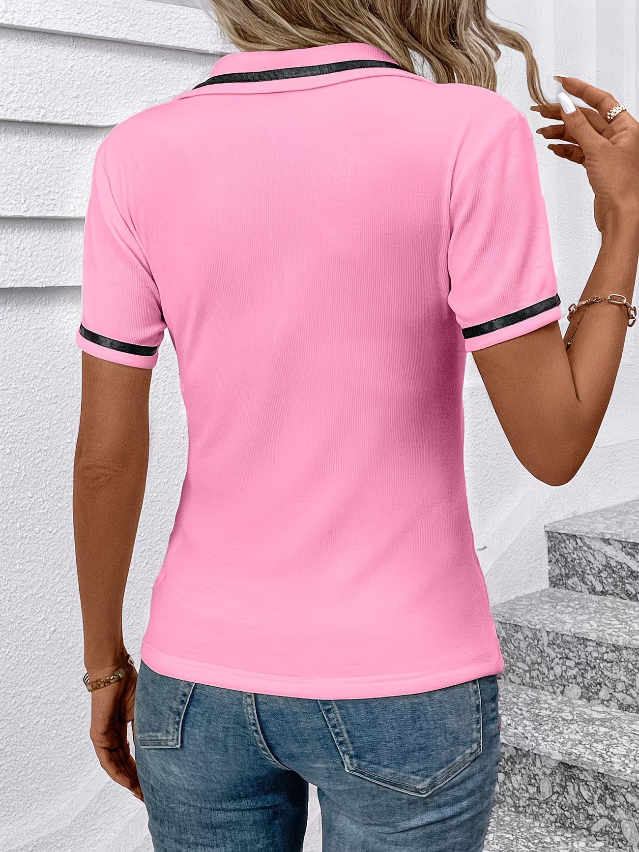 College British Style Elegant Lapel Short-Sleeve T-Shirt.