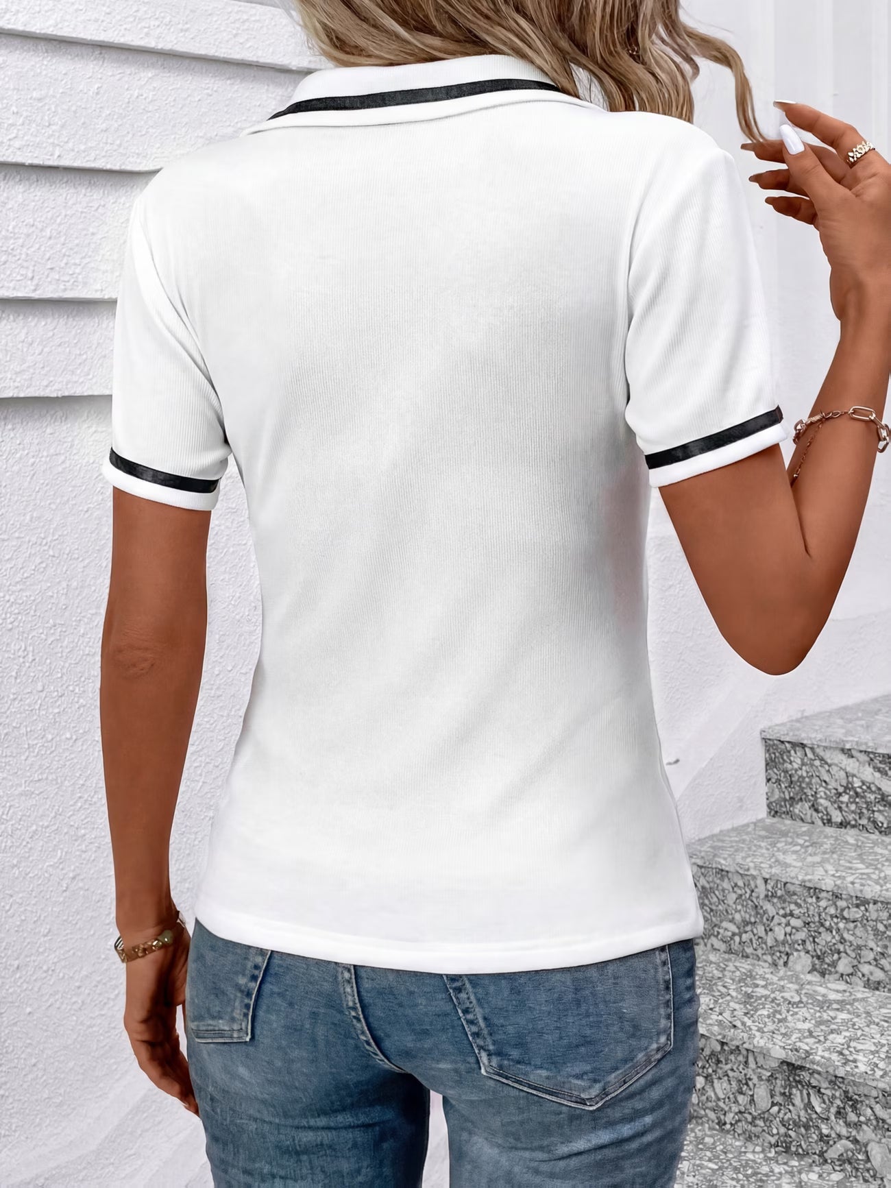 College British Style Elegant Lapel Short-Sleeve T-Shirt.