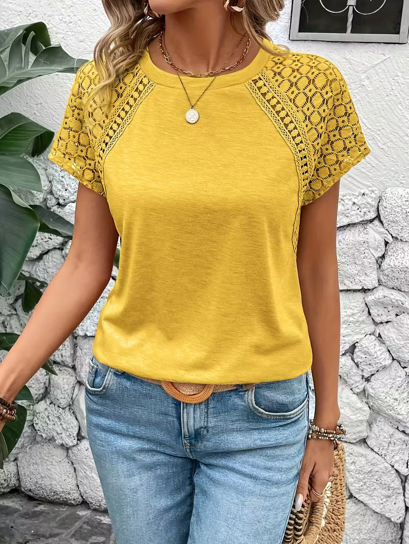 Color-Block Lace Sleeve T-shirt.