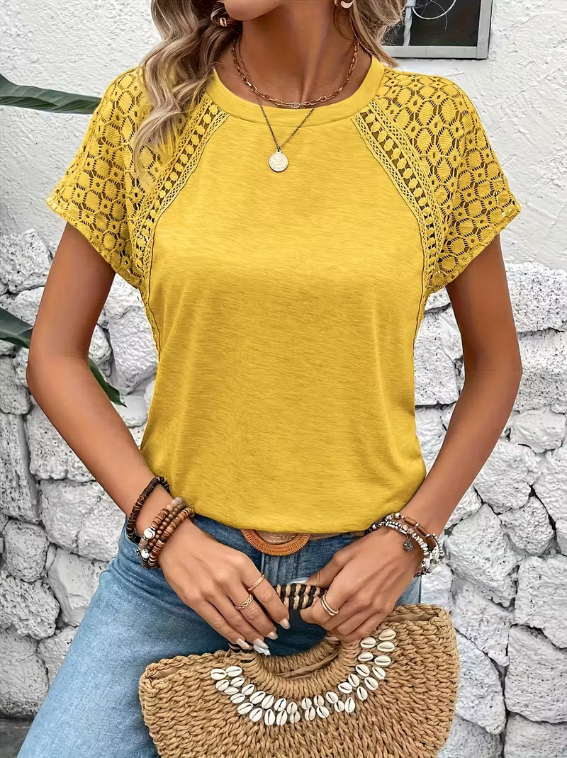 Color-Block Lace Sleeve T-shirt.