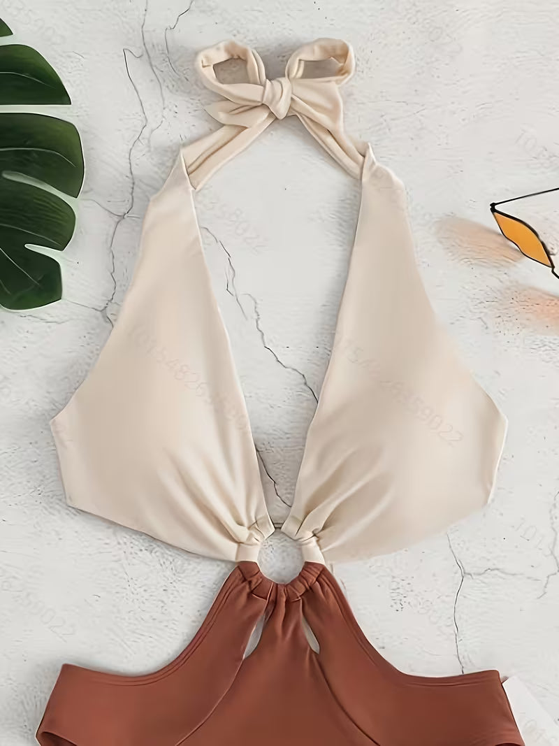 Color Block Hollow Out Sexy Swimsuit.