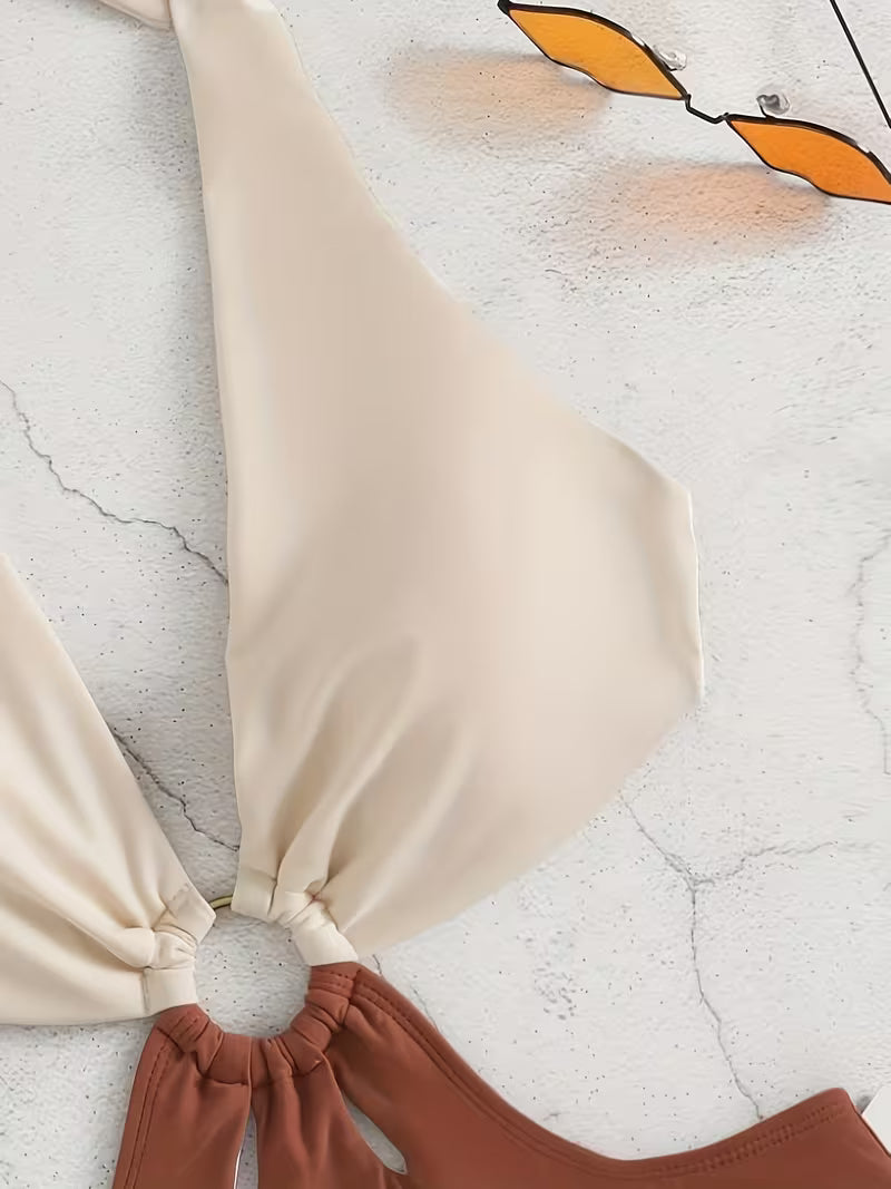 Color Block Hollow Out Sexy Swimsuit.