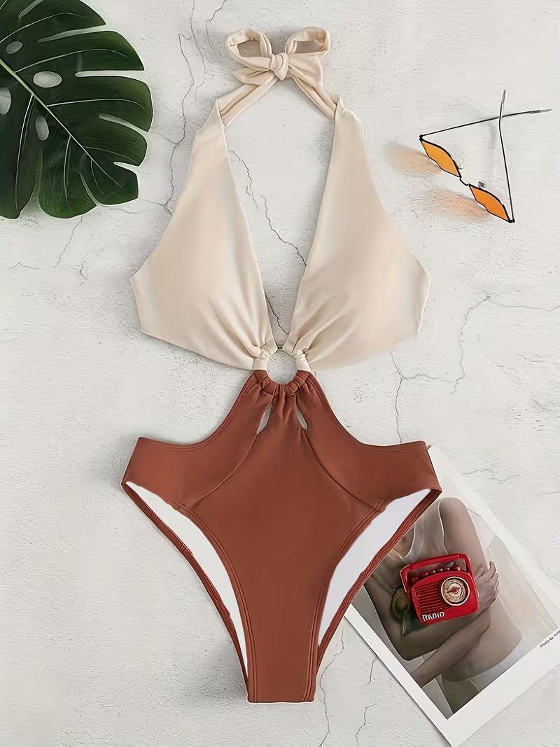 Color Block Hollow Out Sexy Swimsuit.