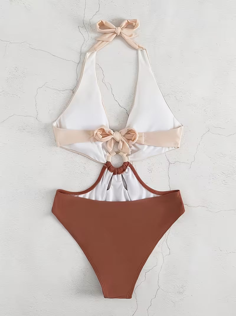Color Block Hollow Out Sexy Swimsuit.