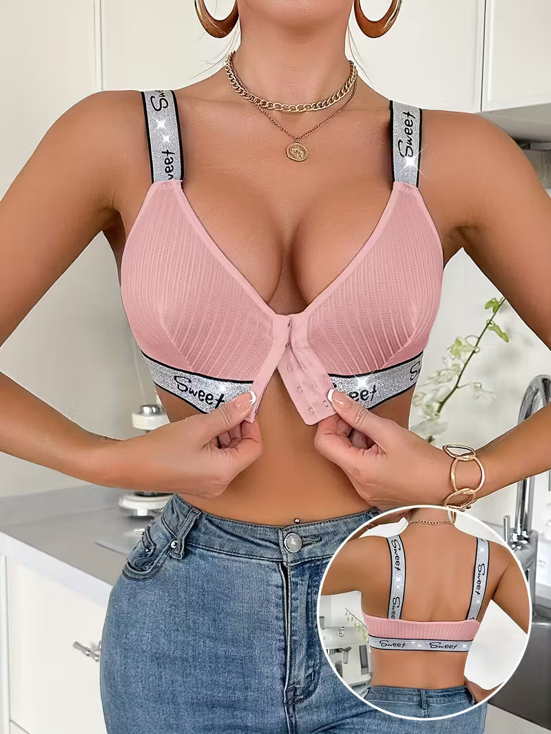 Comfortable Front-Closure Wireless Lingerie Striped Bras.