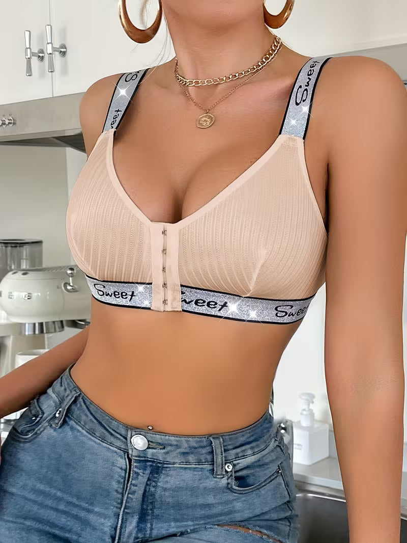 Comfortable Front-Closure Wireless Lingerie Striped Bras.