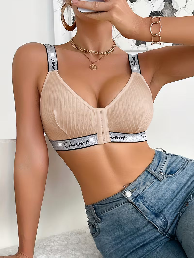 Comfortable Front-Closure Wireless Lingerie Striped Bras.