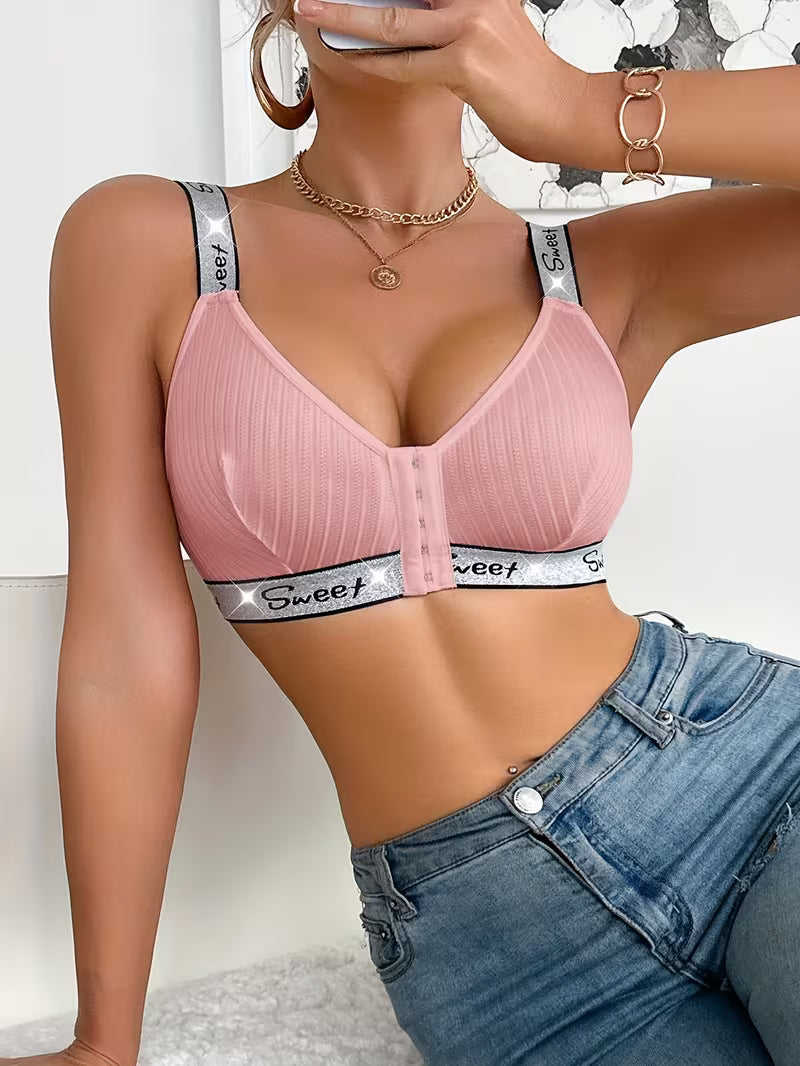 Comfortable Front-Closure Wireless Lingerie Striped Bras.