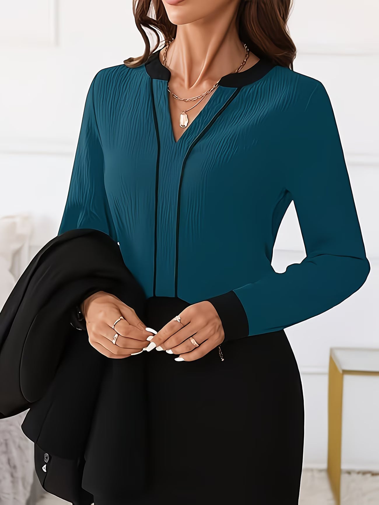 Contrast-Trim Professional Blouse V-Neck Shirt.