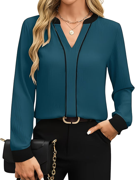 Contrast-Trim Professional Blouse V-Neck Shirt.